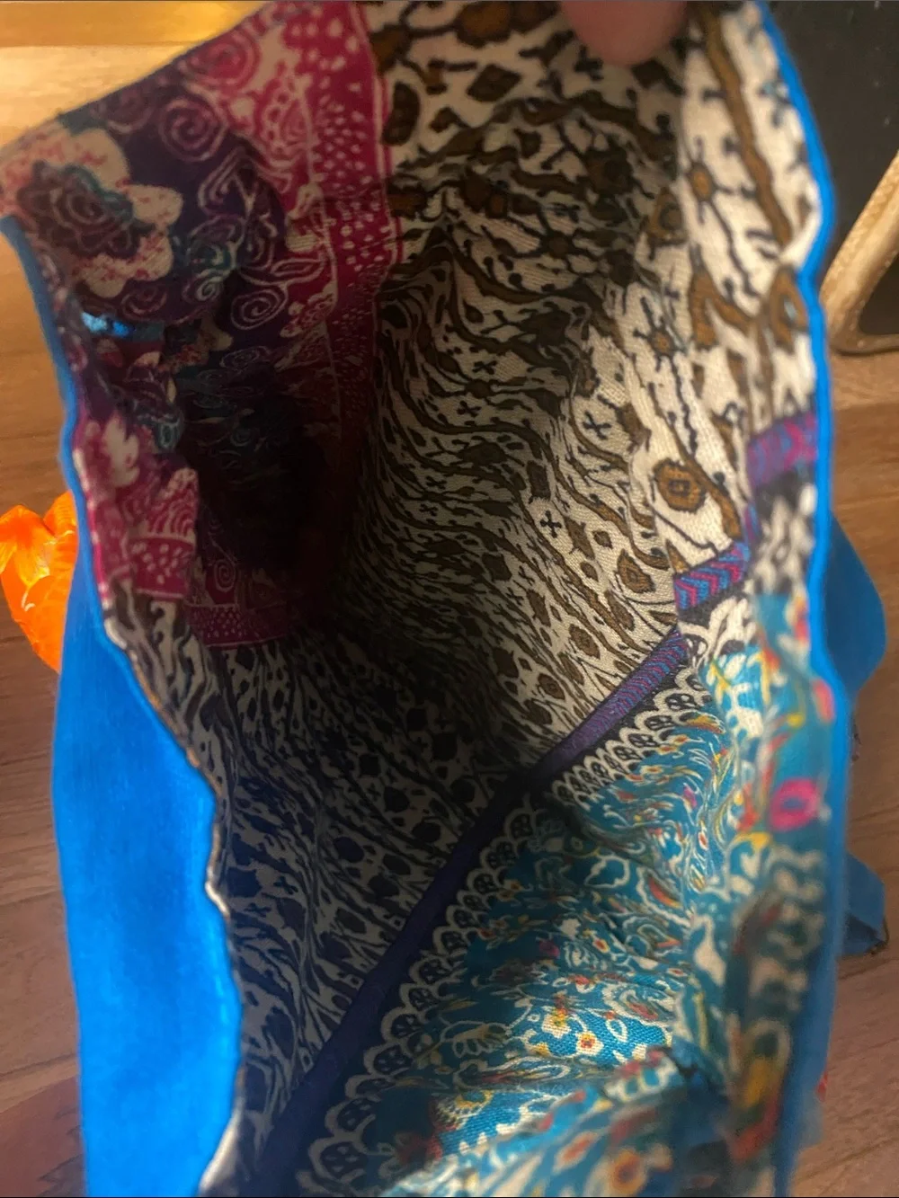 Bright Blue Kids Owl Drawstring Backpack with Multicolor Patchwork Feathers